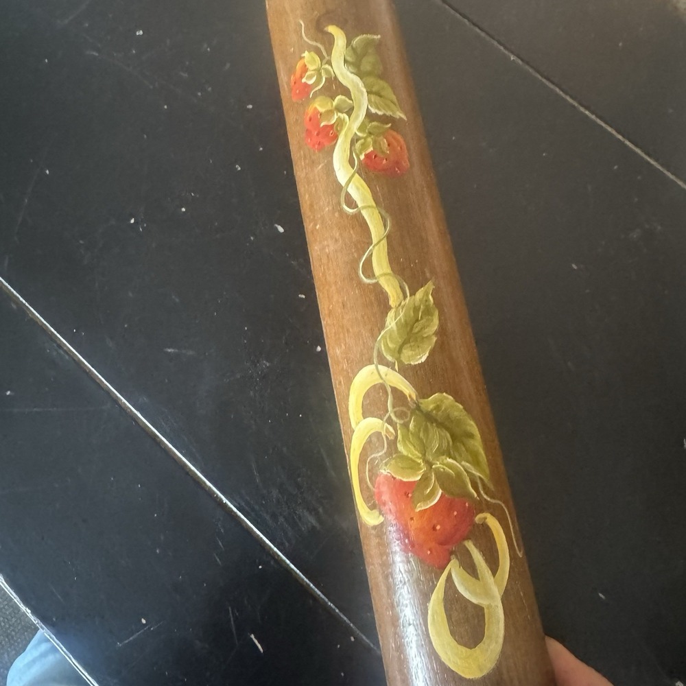 Primitive Hand Painted Wooden Rolling Pin Wall Hanging – Folk Art Strawberries - Picture 7 of 10